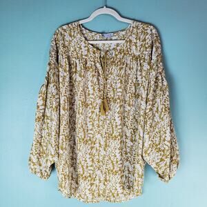 Hayden Womens Mustard Flowy Botanical Print Tassel Tie Dolman Sleeve Size Large